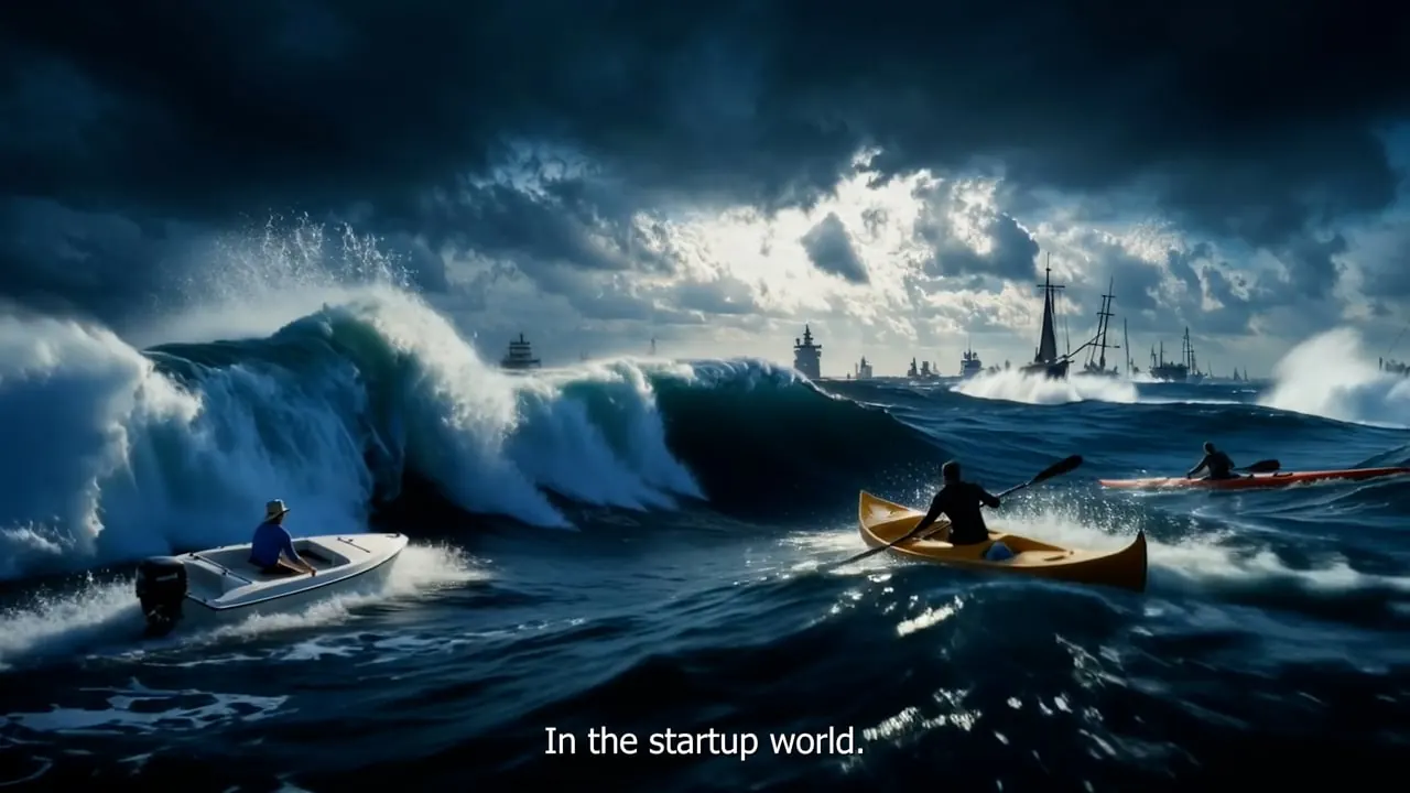 Small boats and kayaks in a storm at sea, big ships on the horizon: the opening frame of the CodeLaw video